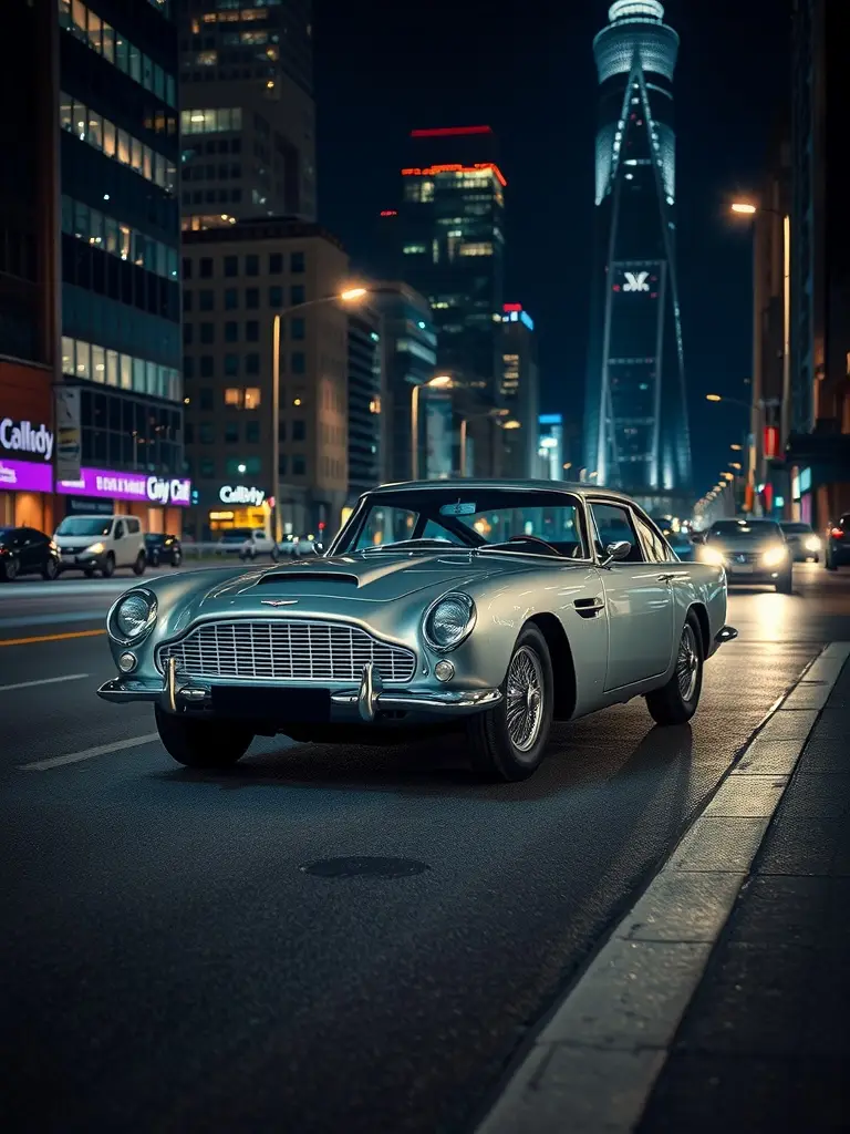 1964 Aston Martin DB5 parked on a city street at night
