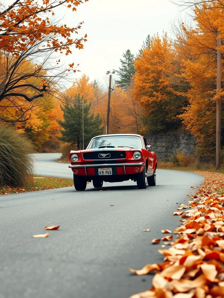 Red 1964 Ford Mustang driving on a winding road surrounded by autumn leaves.