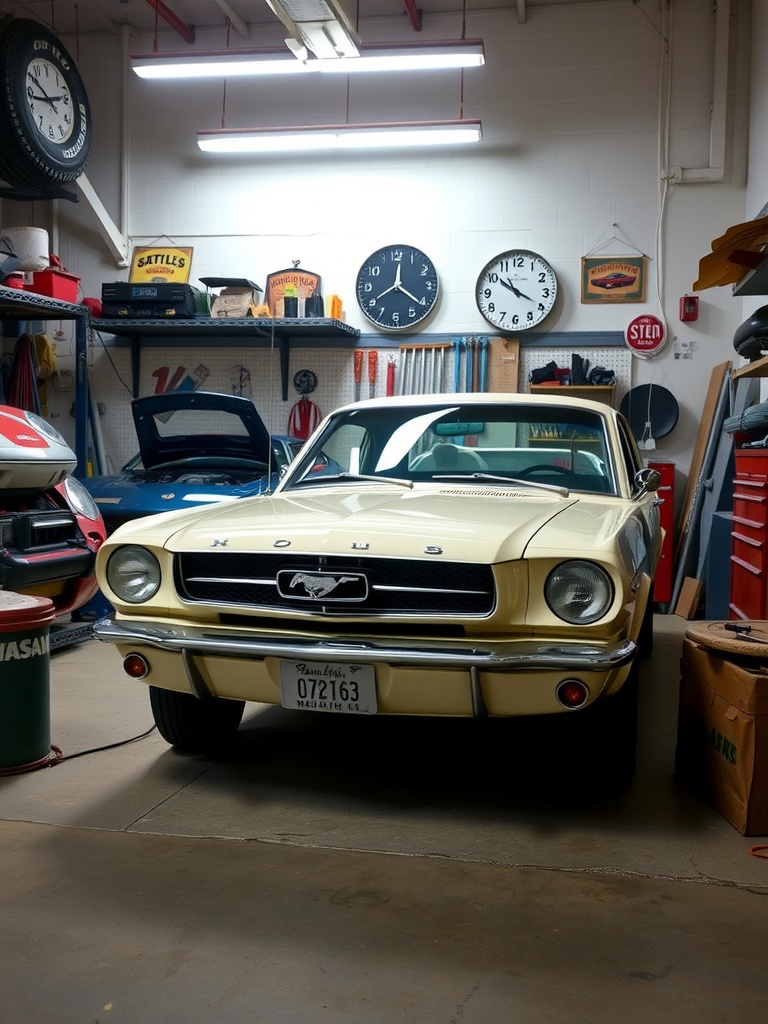 A 1965 Ford Mustang in a garage setting