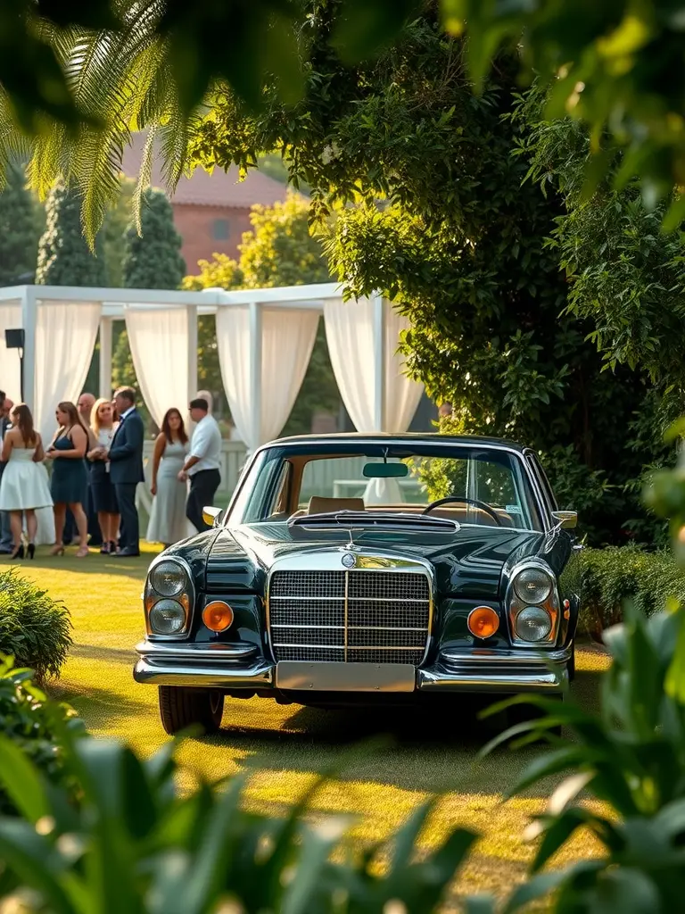 A vintage 1965 Mercedes-Benz 600 parked in a garden setting, showcasing its elegant design and chrome details.