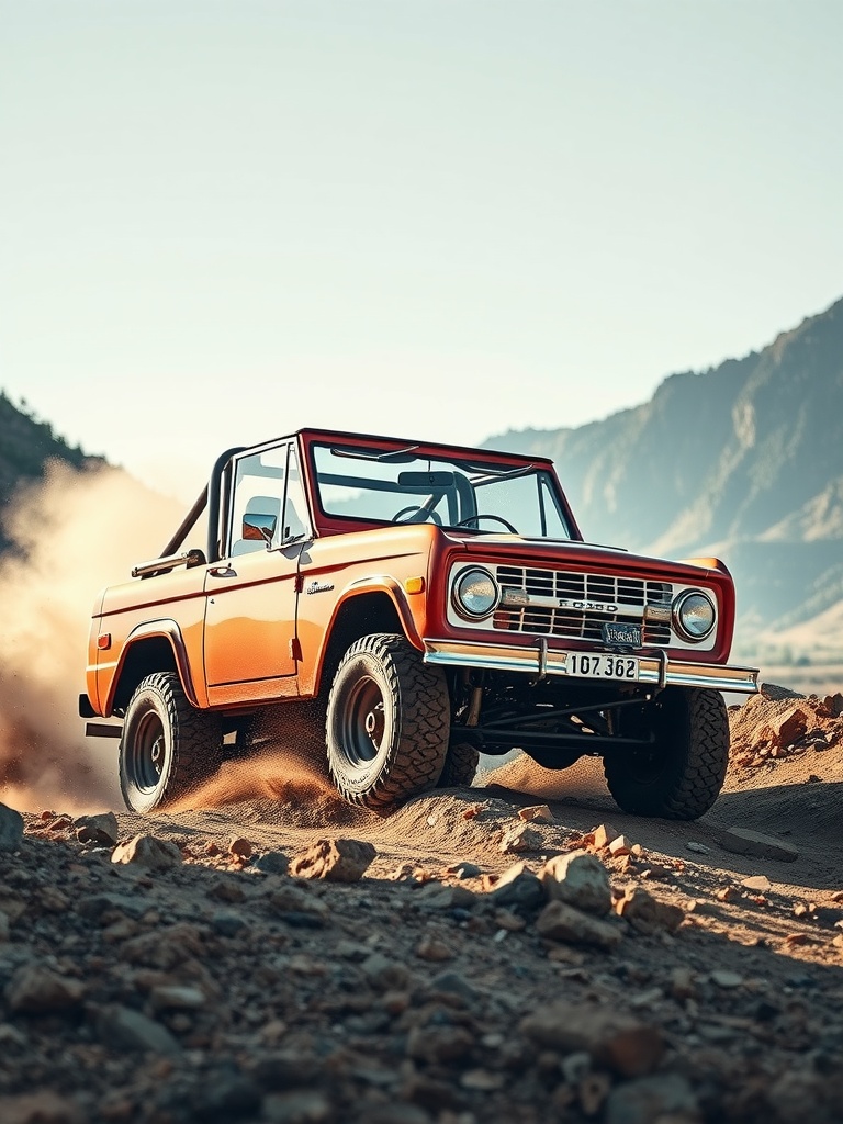 1966 Ford Bronco driving on a dusty road