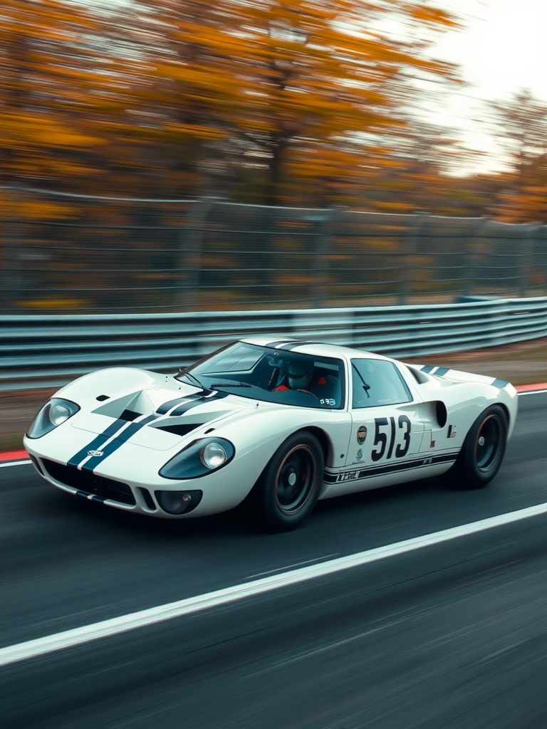 A 1966 Ford GT40 racing on a track with a blurred background.