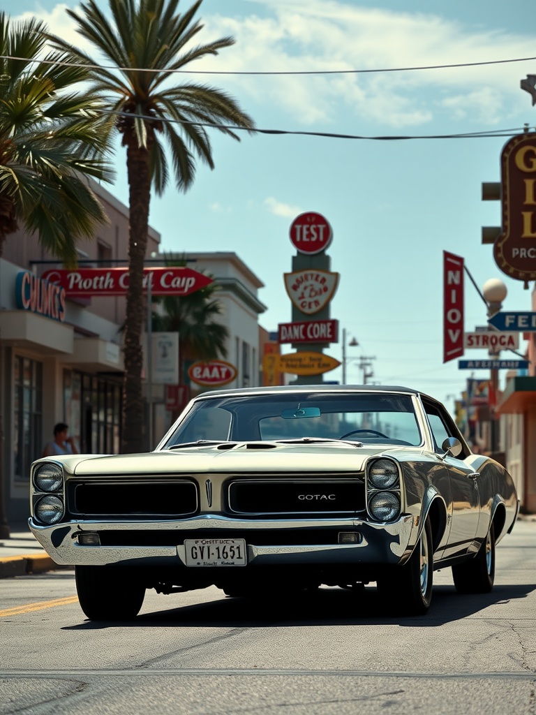 A vintage 1966 Pontiac GTO parked on a city street with palm trees and retro signs in the background.