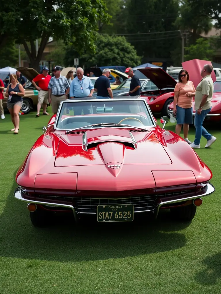 A red 1967 Chevrolet Corvette Stingray displayed at a car show, surrounded by people admiring it.