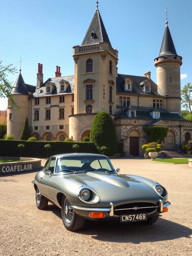 1967 Jaguar E-Type parked in front of a chateau.