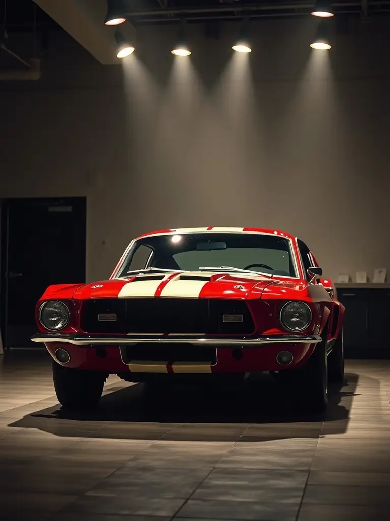 A striking 1967 Shelby GT500 displayed under focused lights.