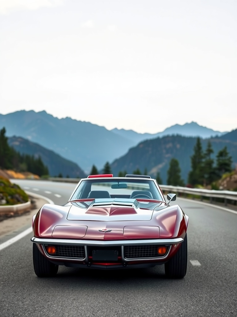 A 1968 Chevrolet Corvette parked on a scenic mountain road.