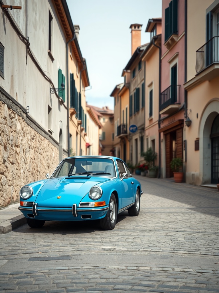 A blue 1968 Porsche 911 parked on a cobblestone street, surrounded by charming buildings.