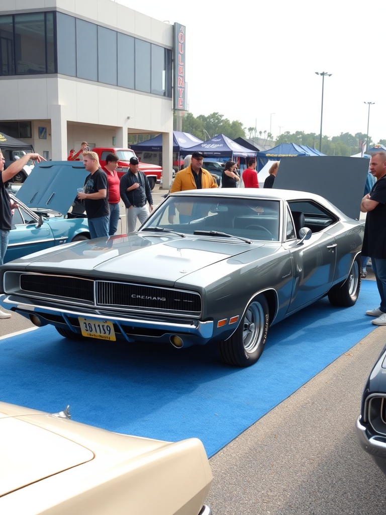 A 1969 Dodge Charger showcased at a car event with a crowd in the background.