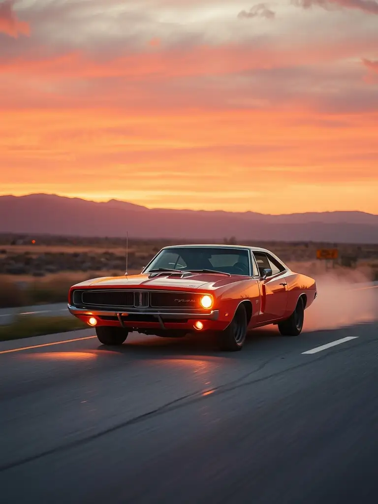A vibrant orange 1969 Dodge Charger driving down a highway with a sunset backdrop.