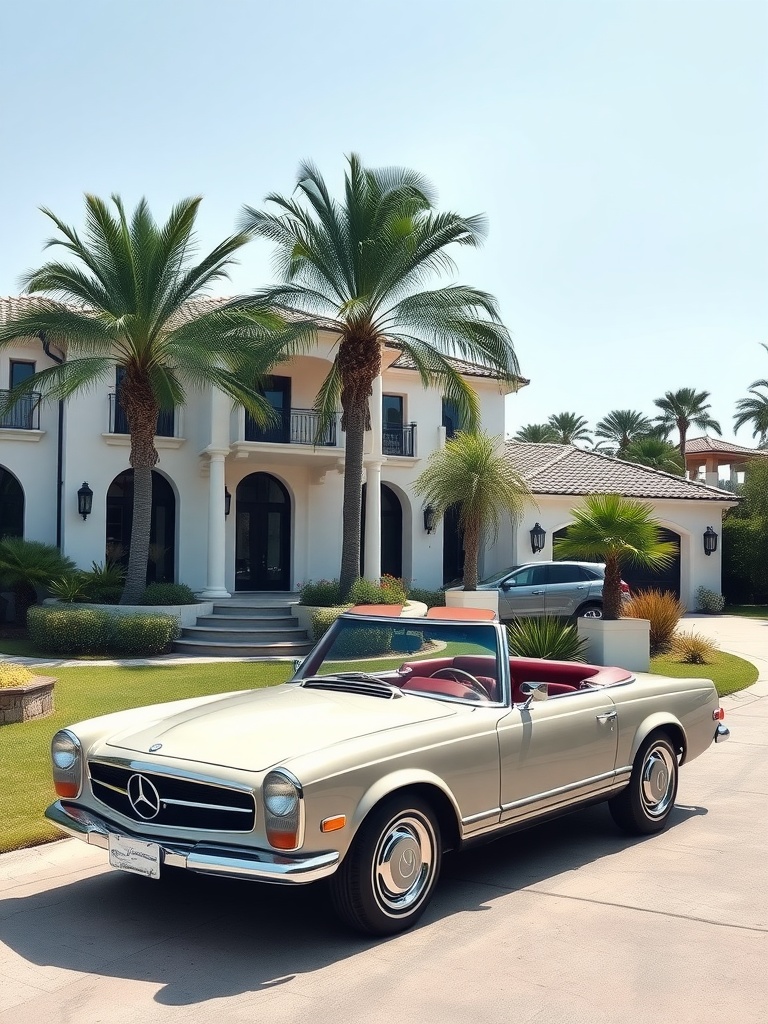 1971 Mercedes-Benz 280SL parked in front of a luxurious home with palm trees.