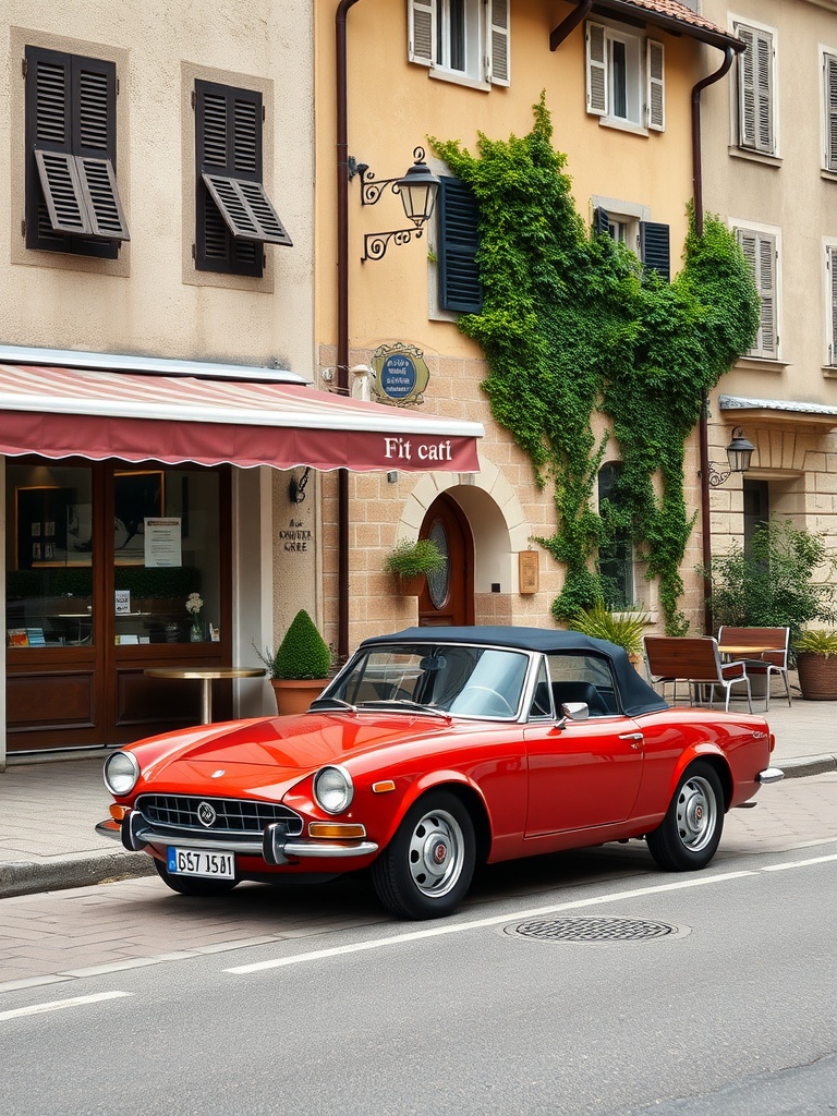 A red 1972 Fiat 124 Spider parked on a street near a cafe.
