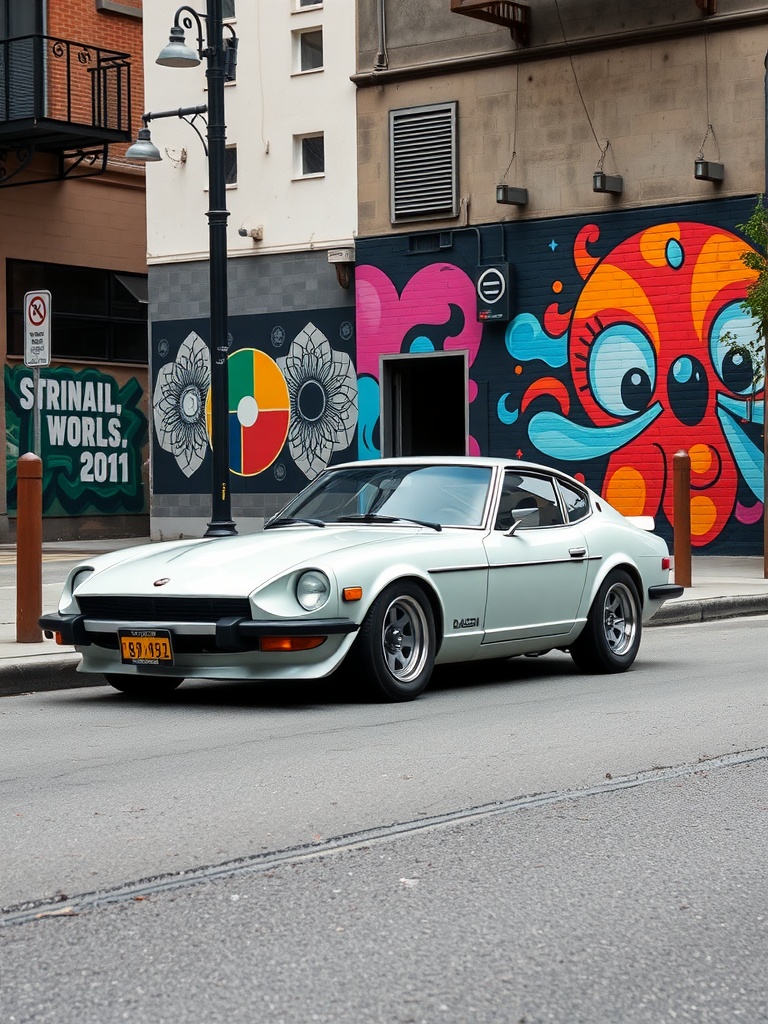 A 1973 Datsun 240Z parked on a street with colorful murals in the background.