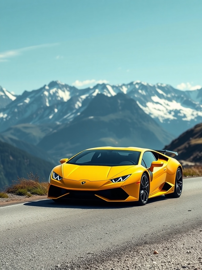 A yellow Lamborghini parked on a mountain road with snowy peaks in the background.