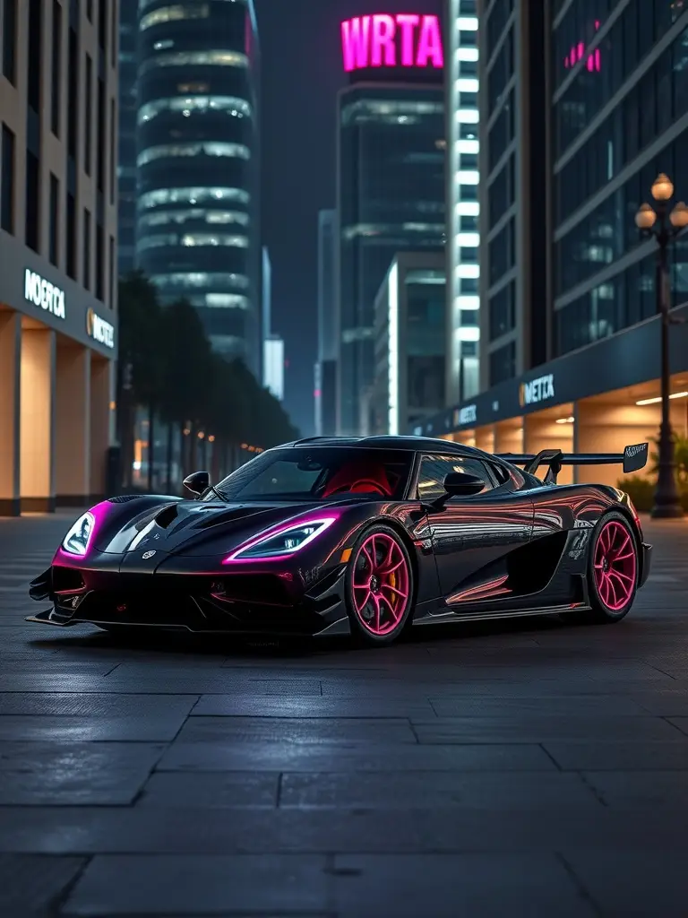 A black Agera RS with neon pink accents parked in a city at night.