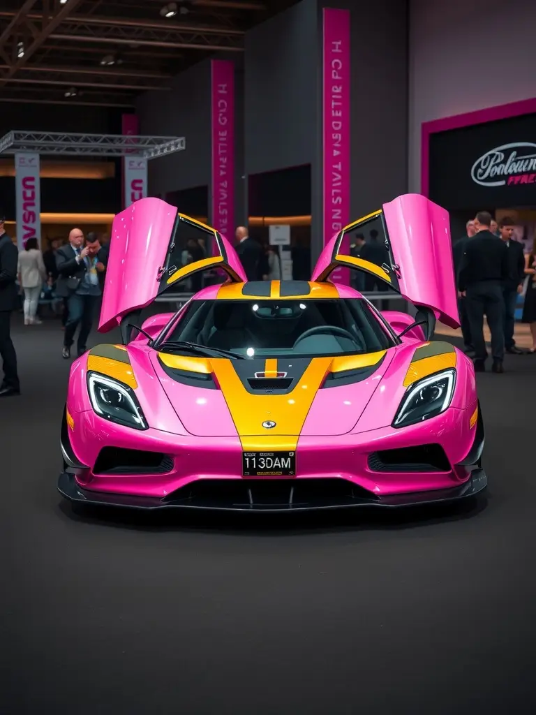 A stunning pink and gold Koenigsegg Agera with open doors at a car event.