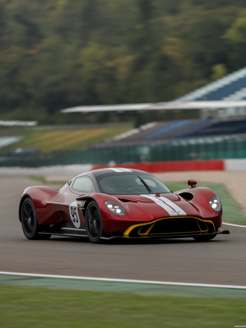 Aston Martin Valkyrie racing on a track, showcasing its sleek design and performance capabilities.