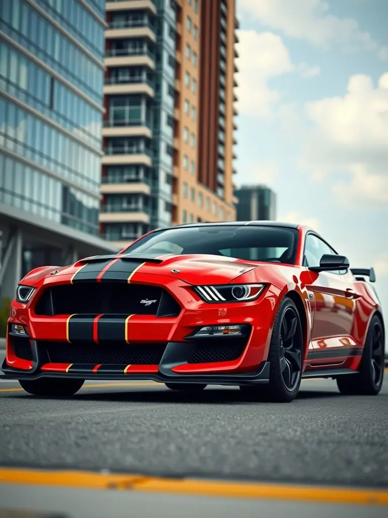 A red Ford Shelby GT500 with black racing stripes parked in an urban setting.