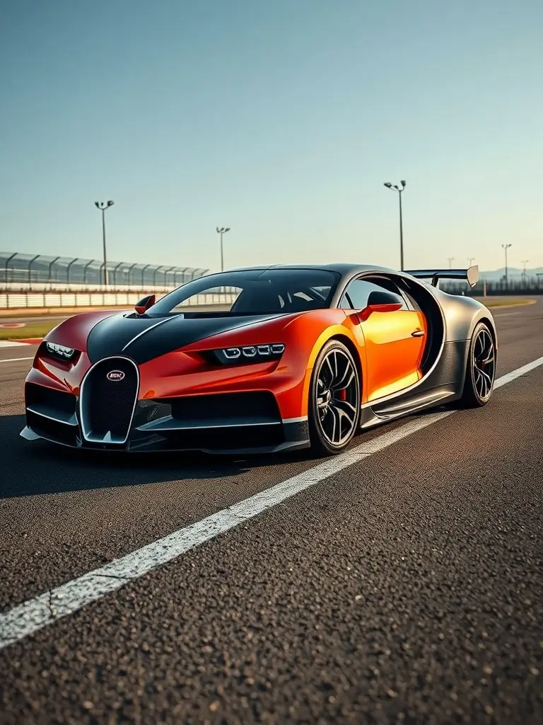 A Bugatti with an iridescent orange and grey design parked on a racetrack.