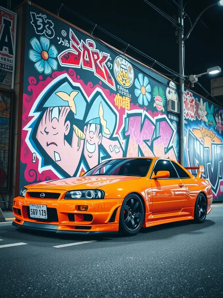Bold orange Nissan R34 parked in front of colorful street art in Tokyo at night.