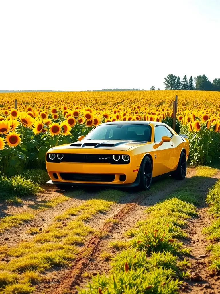 A bright yellow Dodge Hellcat parked in a sunflower field, surrounded by tall sunflowers.