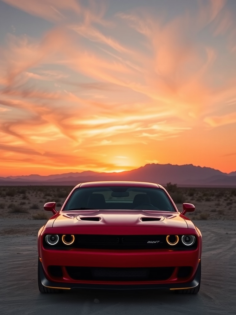 Bright red Dodge Hellcat in front of a desert sunset.