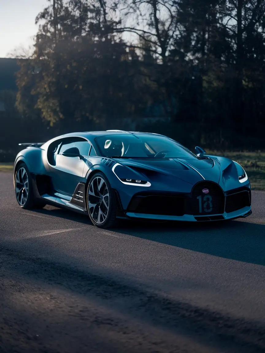 A sleek Bugatti La Voiture Noire parked on a road, showcasing its elegant design.