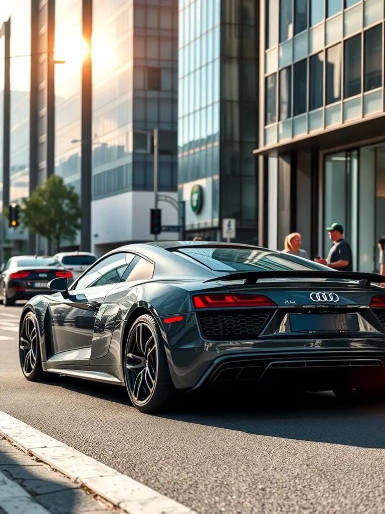 Charcoal Grey Audi R8 parked in a city environment with skyscrapers.