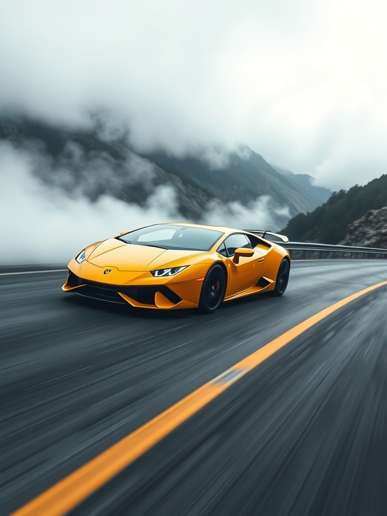A yellow Lamborghini driving on a mountain road with clouds and fog in the background.