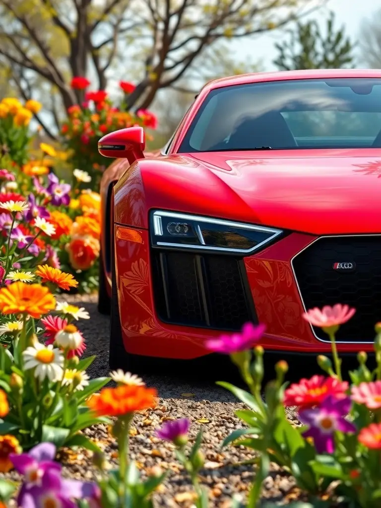 Audi R8 in a blooming garden with colorful flowers surrounding it.