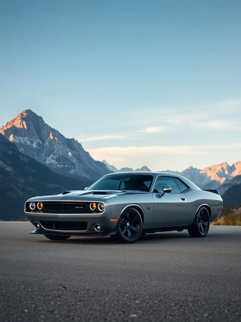 Classic silver Dodge Hellcat parked in a mountain range with snow-capped peaks in the background.
