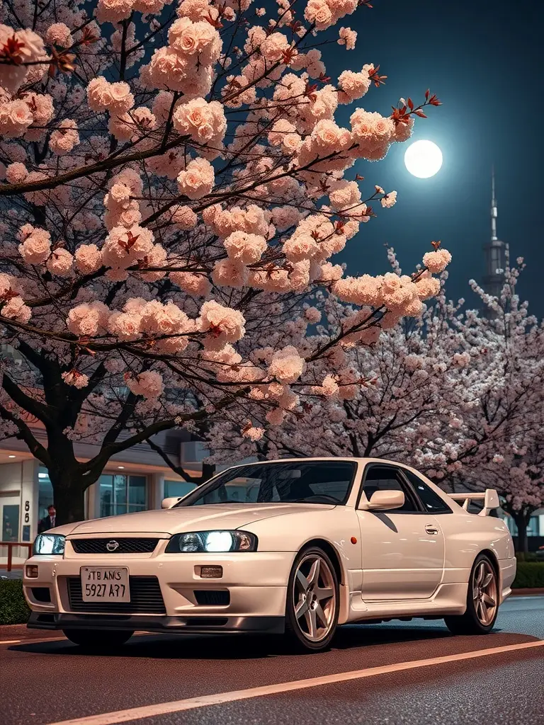 A classic white Nissan R34 parked under blooming cherry blossoms at night, illuminated by the moonlight.