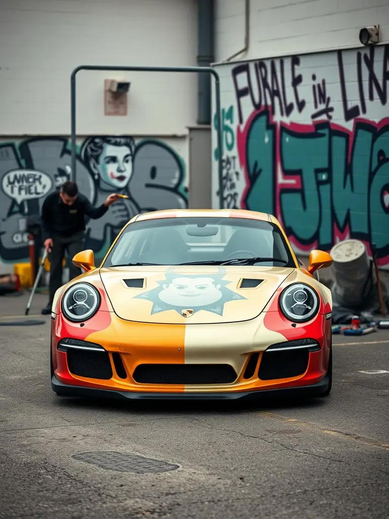 Colorful Porsche with graffiti art parked near street art.
