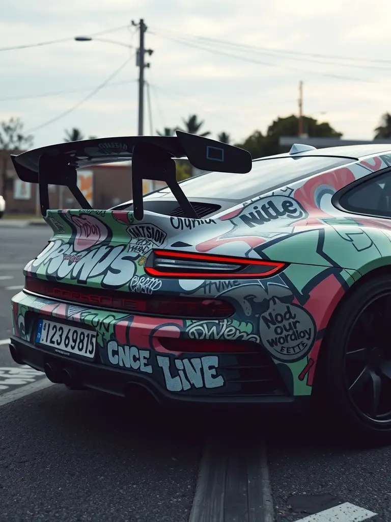 A Porsche with a vibrant graffiti paint job, showcasing various colorful designs and slogans.