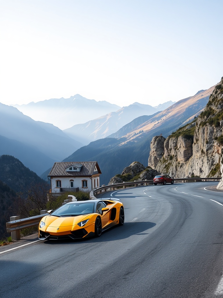A yellow Lamborghini driving on a winding mountain road with peaks in the background.