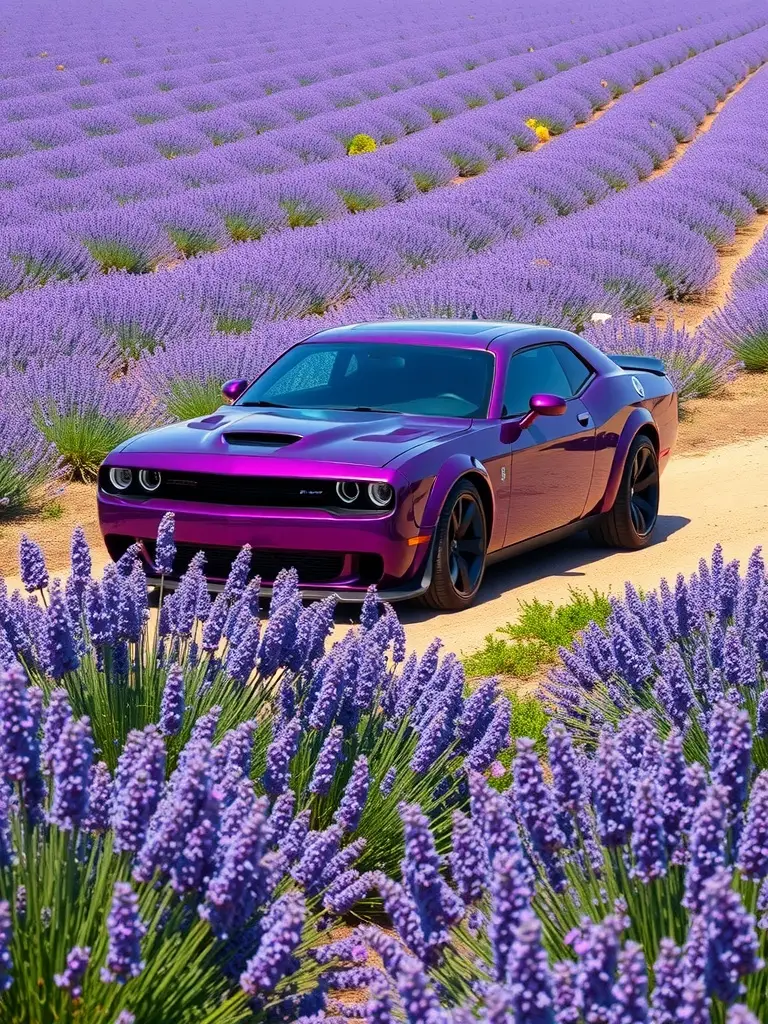 A deep purple Dodge Hellcat parked near a lavender field, surrounded by blooming lavender flowers.