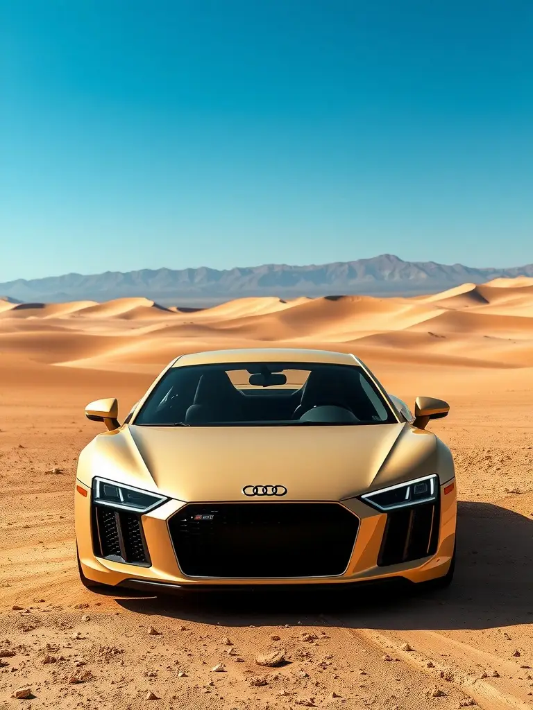 Audi R8 in desert sand color parked on sandy dunes with a clear sky.
