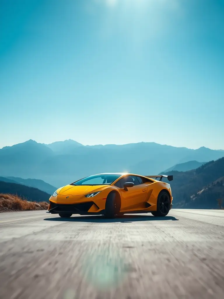 A yellow Lamborghini driving on a mountain road.
