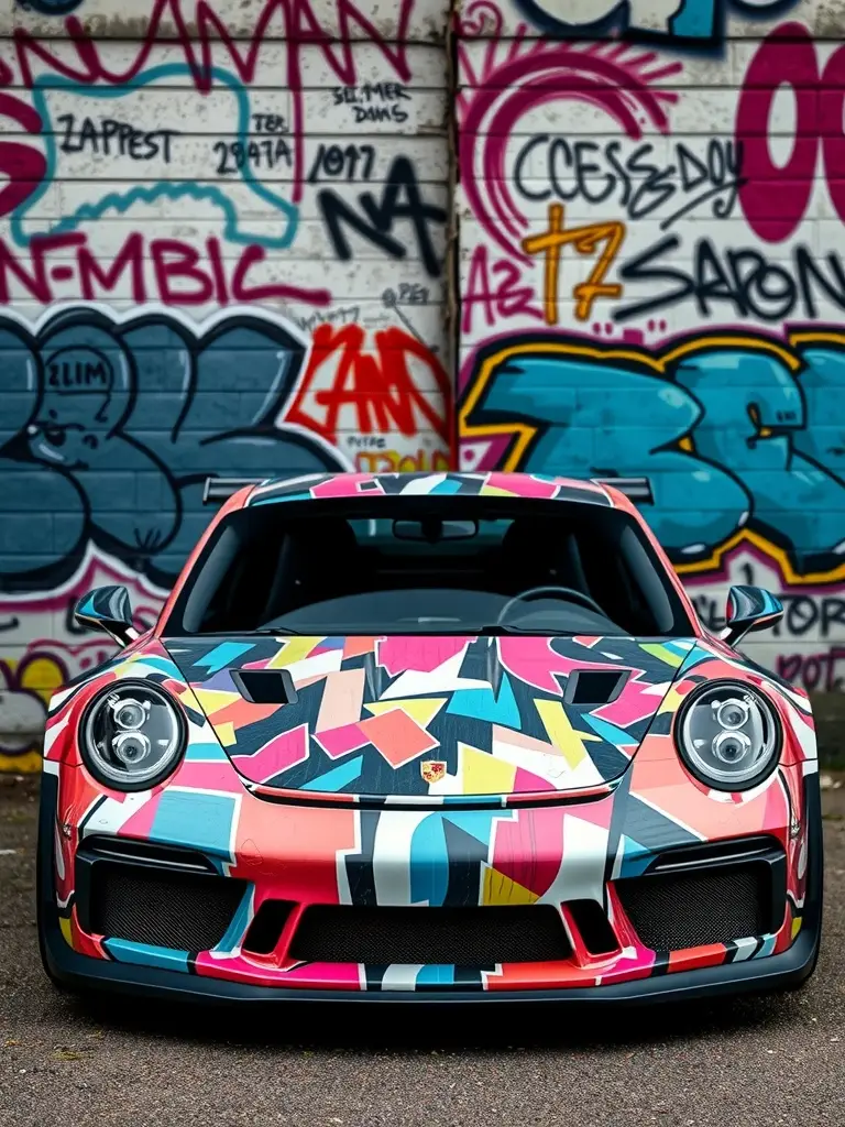 A brightly painted Porsche featuring graffiti designs