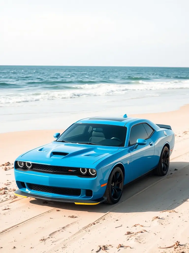 Electric Blue Dodge Hellcat parked on a sandy beach with ocean waves in the background.