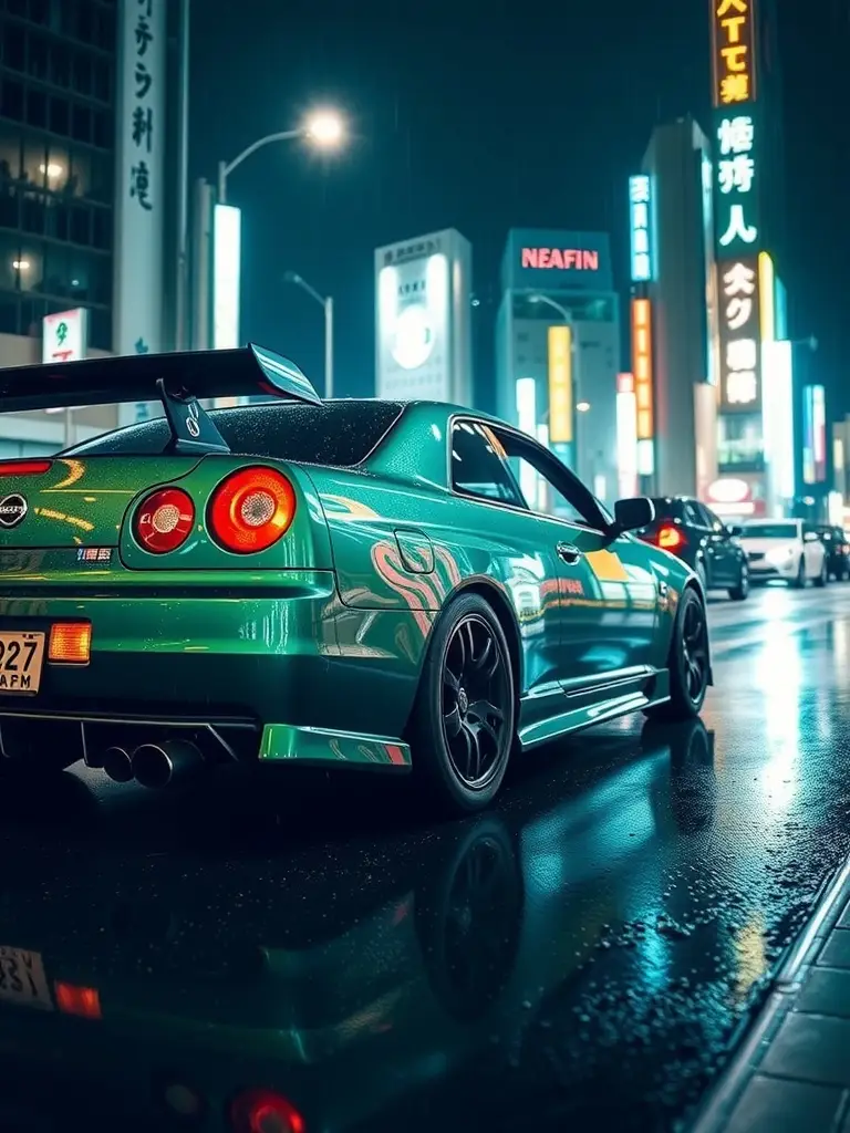 Emerald green Nissan R34 car reflecting city lights in Tokyo at night.