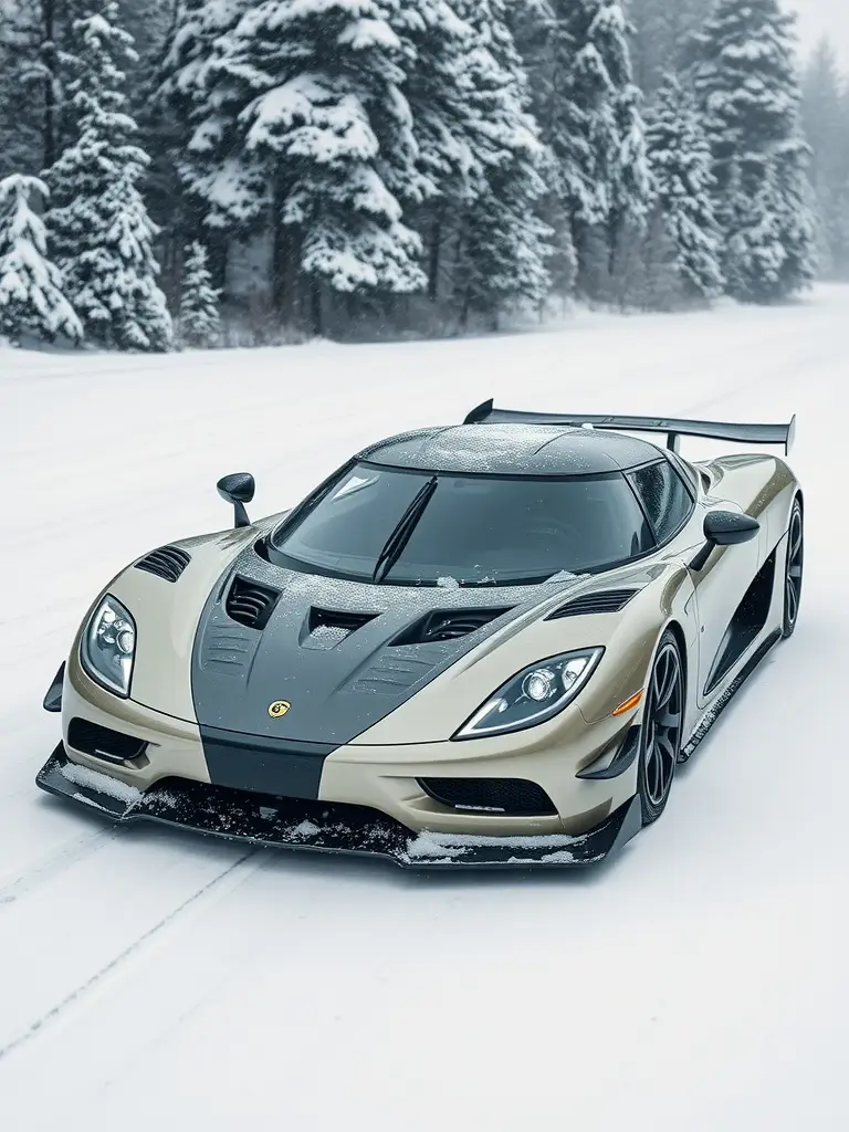 A sleek supercar with an open door and a visible interior, set against a snowy backdrop in a garage.