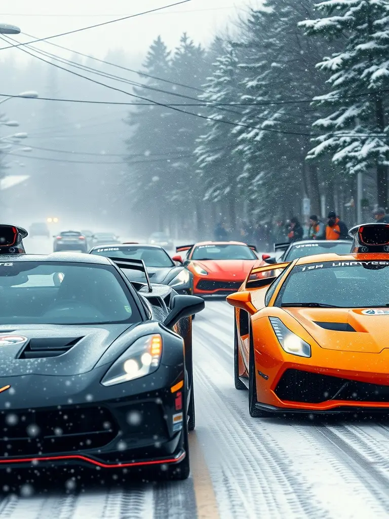 A lineup of supercars driving on a snowy road surrounded by trees.