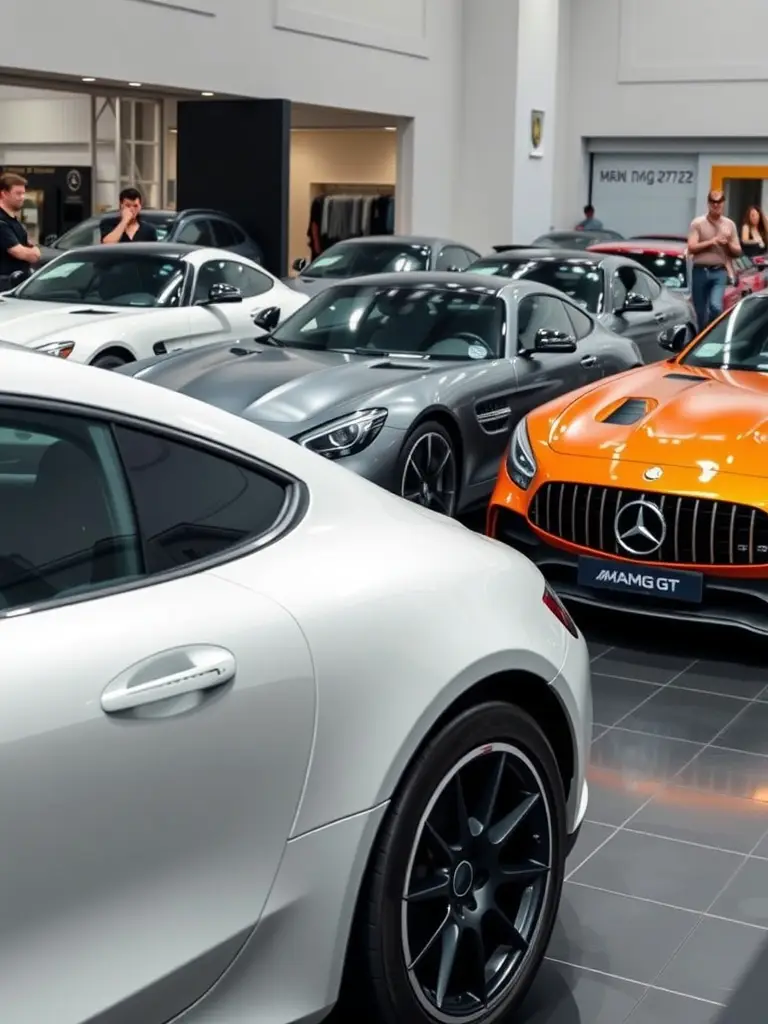 A showcase of various Mercedes AMG GT models, highlighting special editions with unique designs.