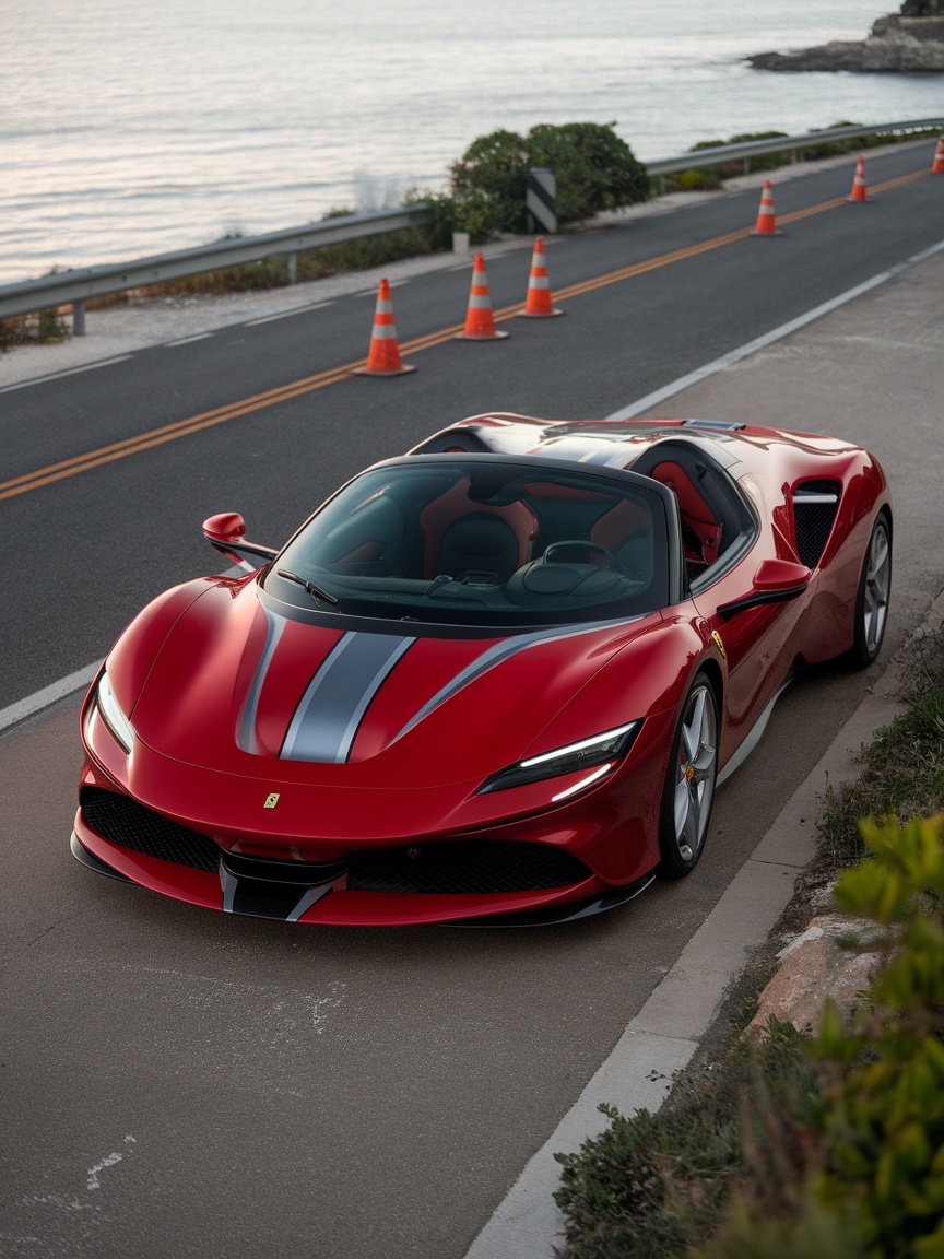 Red Ferrari Pininfarina Sergio parked beside a scenic coastal road.