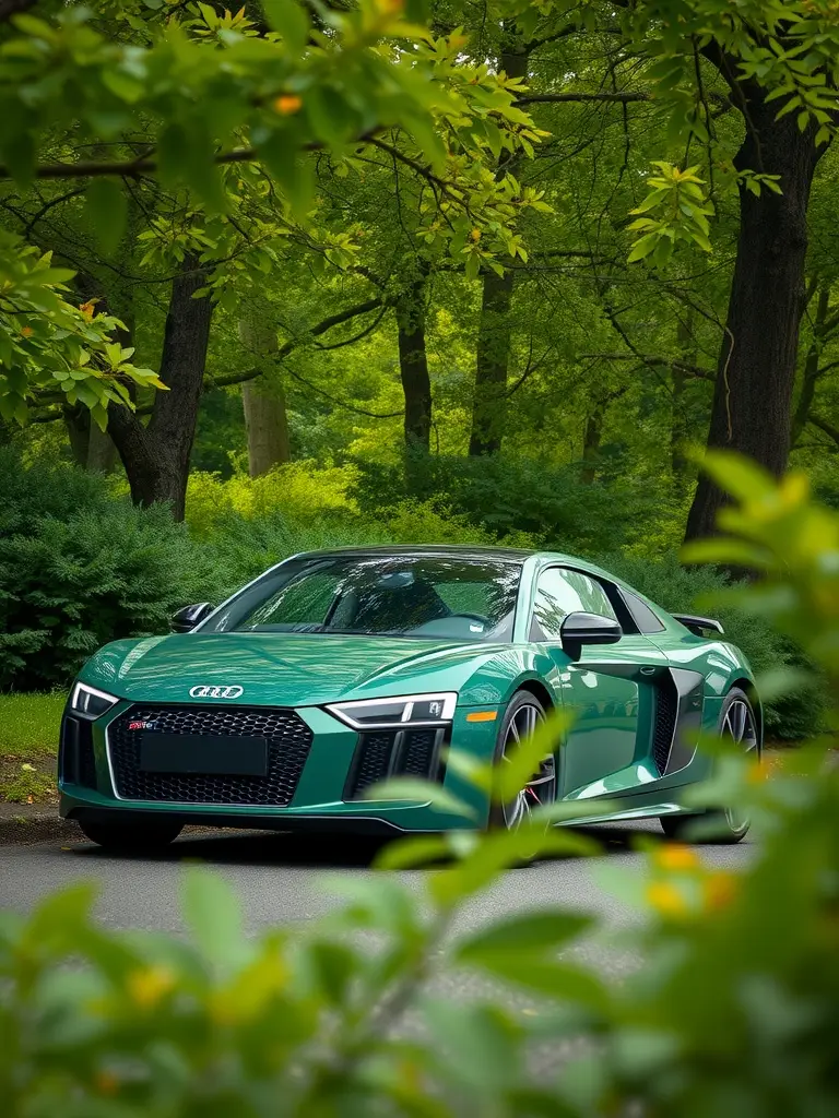 Audi R8 in forest green surrounded by lush greenery