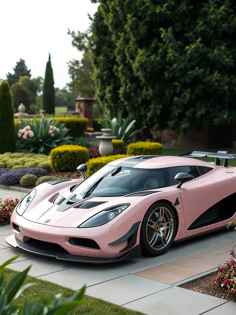 Koenigsegg Gemera in soft pastel pink parked in a scenic garden setting