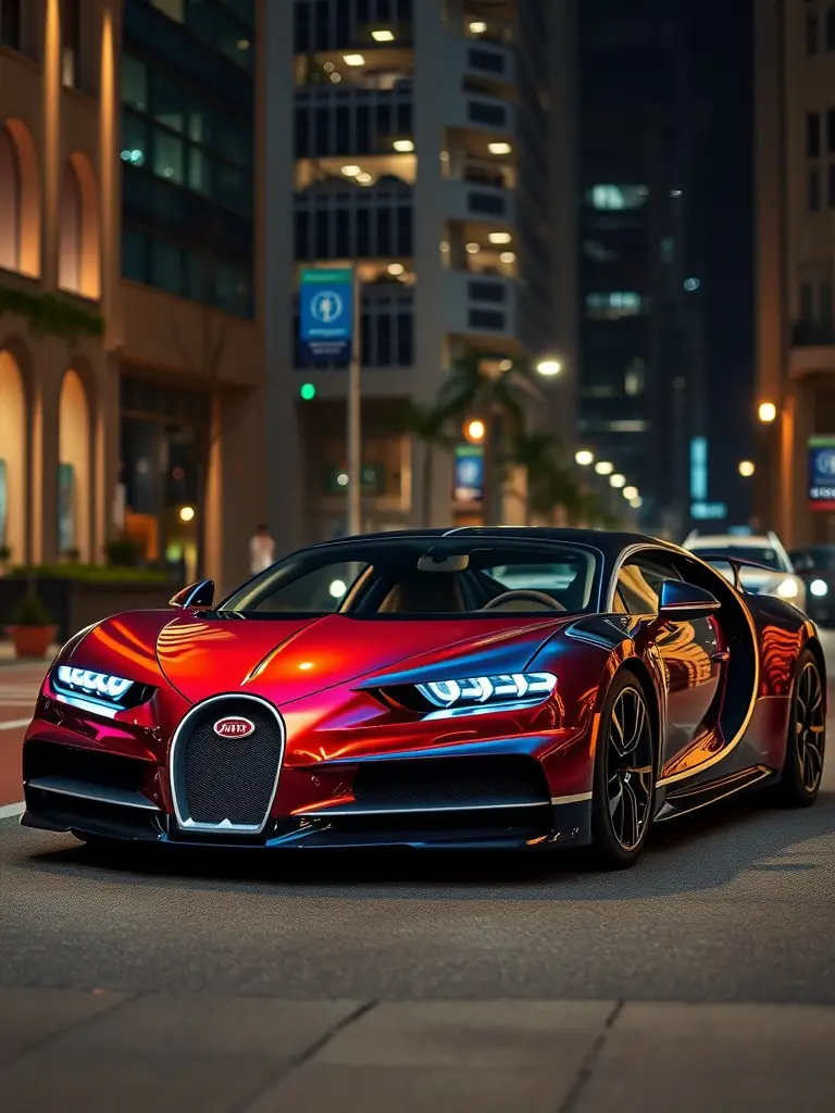 A Bugatti in iridescent coral and midnight blue parked on a city street at night.