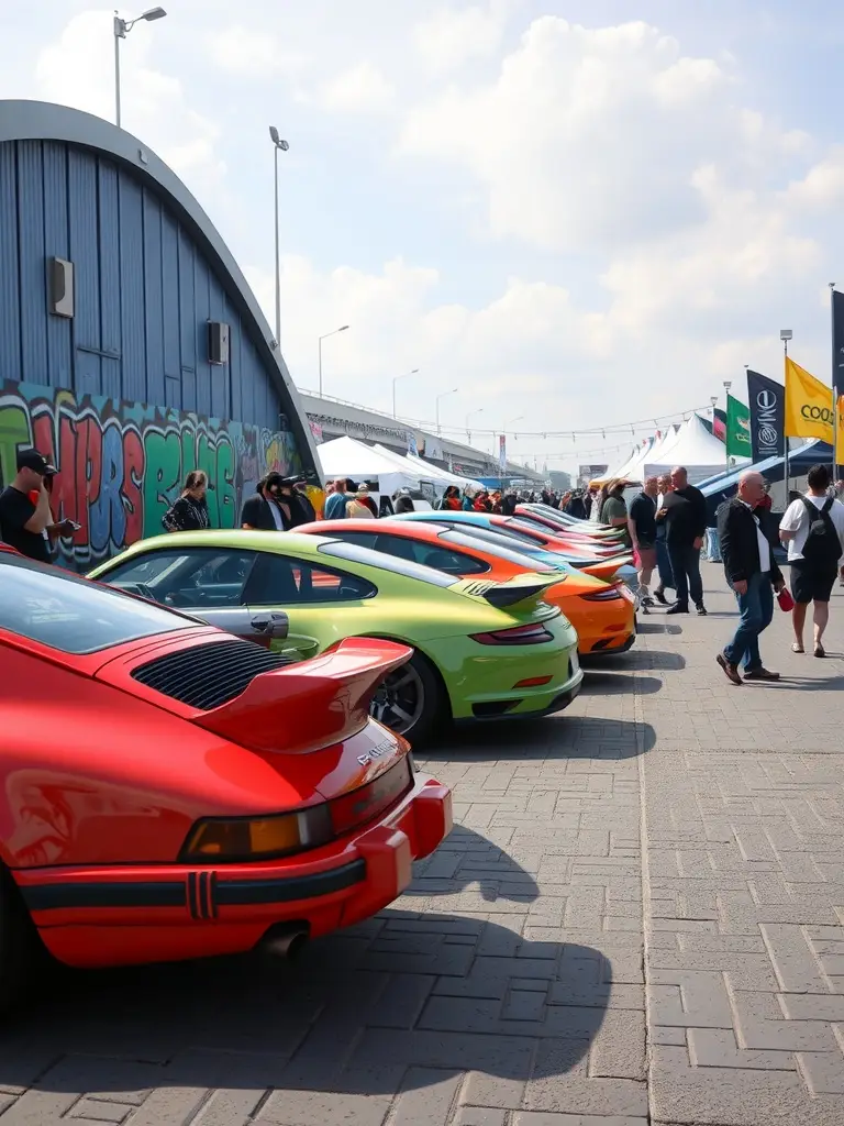 A row of custom Porsche cars showcasing graffiti paint jobs at a festival.