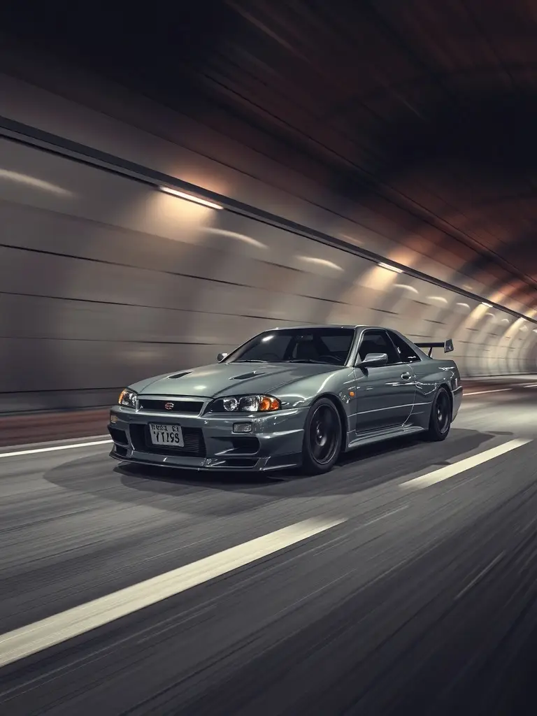 A Nissan R34 in gunmetal grey speeding through a tunnel in Tokyo.